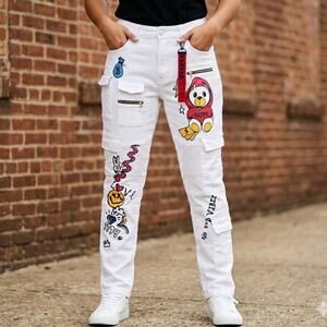 Reason NYC White Graffiti Moto Cargo Jeans - NWT